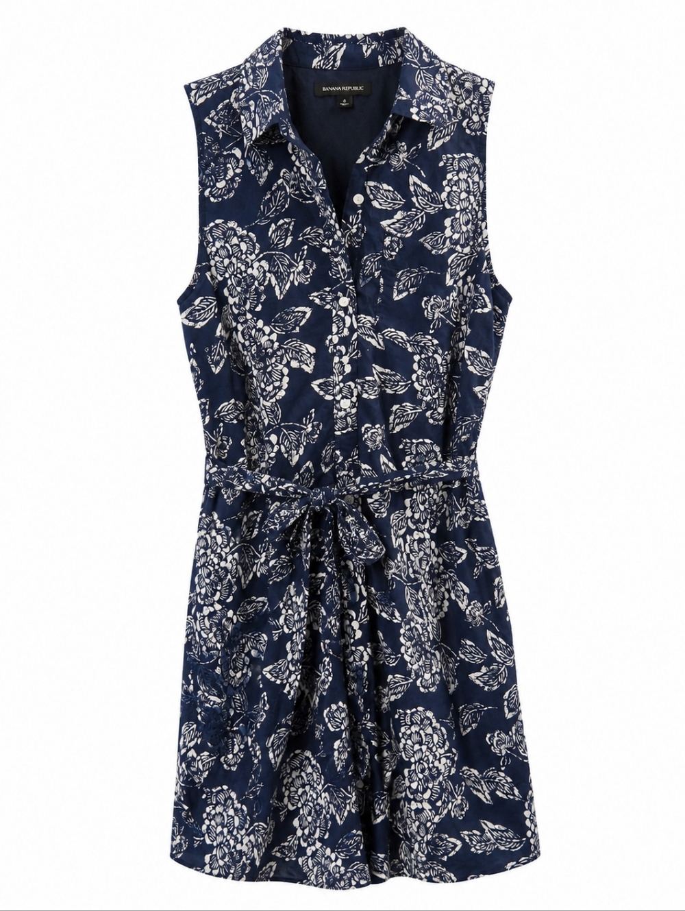 Banana Republic Navy, White Batik Floral Cotton Dress, 8, Sleeveless Button Down